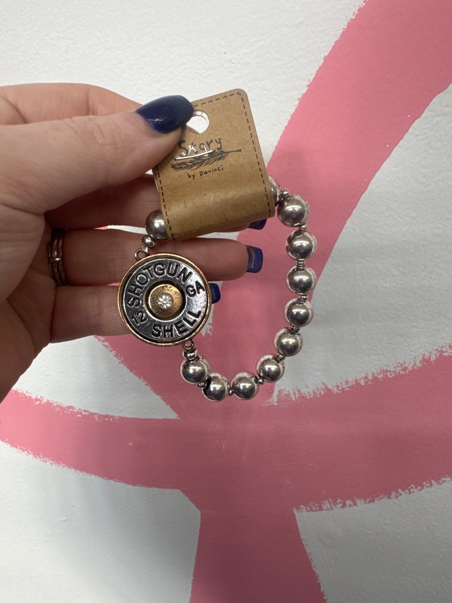 Large Bullet Shell Chunky Ball Beads Stretch Bracelet - Silver