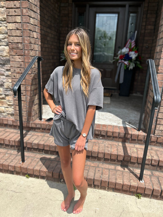 Silly Girl 2 Piece Ribbed Set - Grey