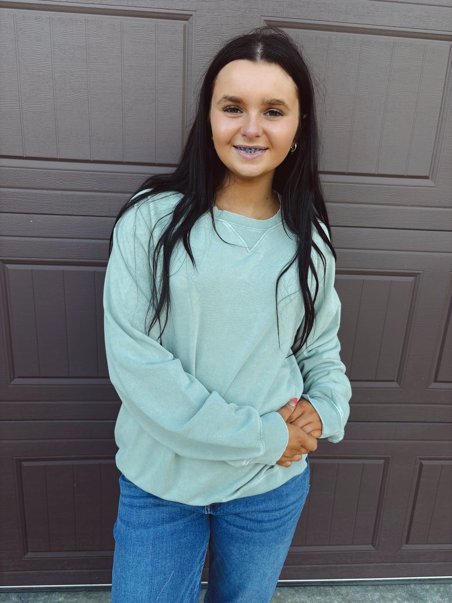 Truly You Mineral Wash Crewneck - Sage