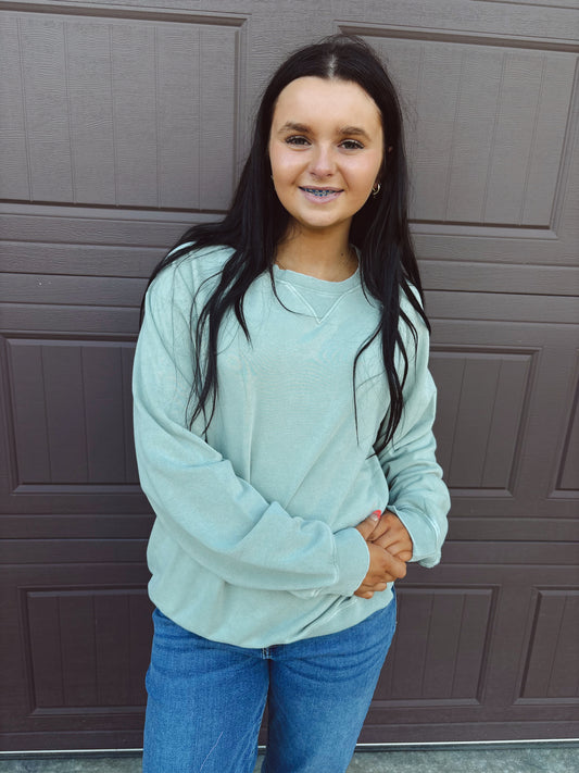 Truly You Mineral Wash Crewneck - Sage